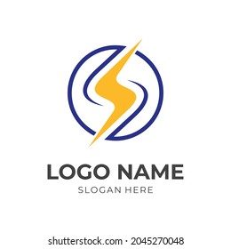 thunder logo template with flat blue and yellow color style