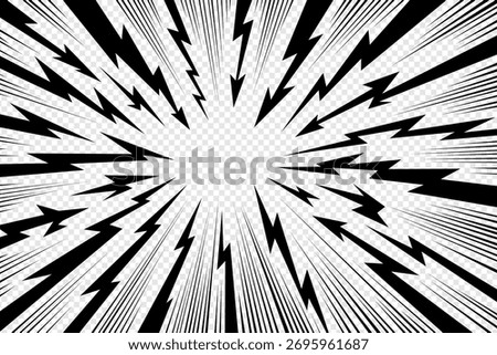 Thunder manga energy burst in comic radial vector form. Thunder manga bg for anime flash, power strike and lightning explosion. Dynamic electric abstract frame for visual design.
