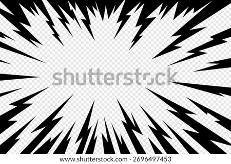 Thunder manga vector scene with lightning radial comic motion. Thunder manga bg for anime flash, electric burst or hero impact frame. Modern abstract black and white background.
