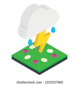 Thunder meadow icon isometric vector. Thundercloud over green meadow with flower. Atmospheric phenomenon, thunderstorm, rain, bad weather