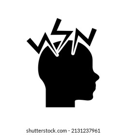 Thunder on head, Brain Electric Shock vector pictogram, head human profile with ray power line style icon
