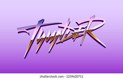 Thunder pink synthwave vaporwave neon vector logo. Retrofuturistic modern style hand written calligraphy signs. Geometric stylish poster print design elements. Illustration isolated on pink background