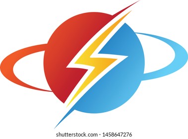 Thunder planet saturn in flat style on the white background. Electric danger light power voltage flash thunder 3d icon design template element. Vector illustration EPS.8 EPS.10