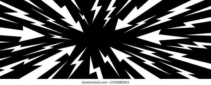 Thunder radial manga and background comic line with vector cartoon anime. Burst lightning bg and boom graphic lightening with pop electric explode. Pattern background comic and shout thunder.