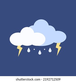 Thunder and Rain with Cloud Icon. Weather label for Web on blue background. Cartoon Vector Illustration