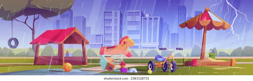 Lluvia y lluvia en kindergarten parque de juegos de fondo de caricatura. Los niños de verano afuera disfrutan con el clima lluvioso y el rayo. Paisaje urbano al aire libre con charco de agua en el patio