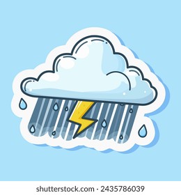 Thunder, rain and lightning symbol. Storm cartoon cloud icon, cute design character. Children doodle drawing. Emoji expression. Isolated on blue background. Vector illustration