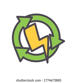 trueno con flechas de reciclaje línea y diseño de iconos de estilo de relleno, Energía ecológica ahorra naturaleza ambiental sostenible y tema de conservación Ilustración vectorial