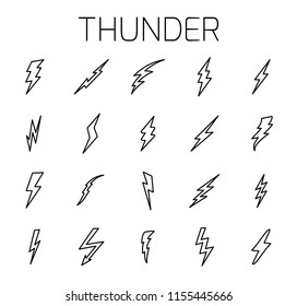 Thunder related vector icon set. Well-crafted sign in thin line style with editable stroke. Vector symbols isolated on a white background. Simple pictograms.