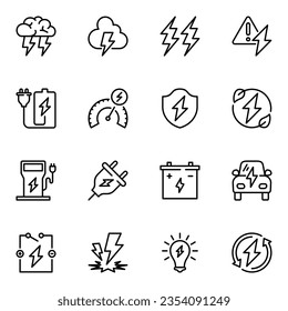 thunder related vector line icons set. shock, lightning, renewable, sustainable, performance, recycle, flash, protect, stroke, speed, eco, electricity, outline, shield, fast, electrician