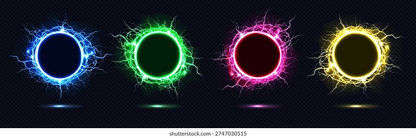 Thunder rings set with vibrant lightning circles in blue and green, yellow and pink colors. Electric energy portal effects with glowing bolts and neon sparks on dark background. Magic thunder orb