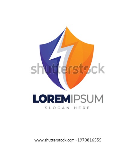 Thunder shield logo. Shield with lightning flash gradient logo template
