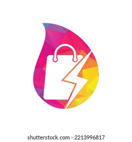 Concepto de forma de caída de la tienda de trucos Vector de diseño de logotipo. Logotipo de la tienda rápida. Bolsa de compras combinada con el vector de iconos de los tornillos de luz o de energía.