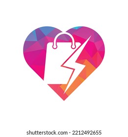 Thunder Shop heart shape concept Logo design vector. Fast Shop Logo. Shopping Bag Combined with Energy or Lightning Bolt Icon Vector