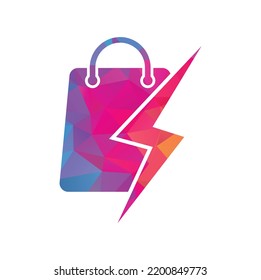 Vector de diseño del logotipo de la tienda de truenos. Logotipo Electric Shop o Fast Shop. Bolsa de compras combinada con el vector de iconos de los tornillos de luz o de energía
