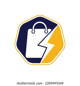 Design-Vektorgrafik des Thunder Shop-Logos. Elektrischer Shop oder Fast Shop Logo. Einkaufbeutel in Verbindung mit einem energietechnischen oder blitz-blinkenden Vektorvektor	
