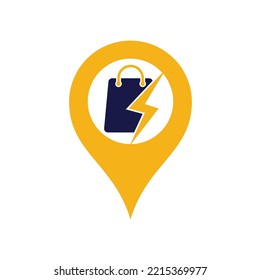 Thunder Ver concepto de forma de pasador de mapa del logo Vector de diseño de logotipo. Logotipo de la tienda rápida. Bolsa de compras combinada con el vector de iconos de los tornillos de luz o de energía