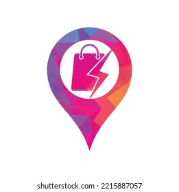 Thunder Shop map pin shape concept Logo design vector. Fast Shop Logo. Shopping Bag Combined with Energy or Lightning Bolt Icon Vector