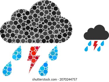 Thunder storm cloud vector mosaic of round dots in various sizes and color shades. Round dots are organized into thunder storm cloud vector collage. Abstract vector design concept.