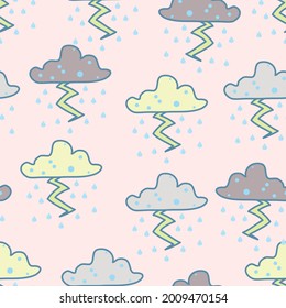 Thunder storm clouds vector repeatable pattern with rain and lightning strikes in pastels shades of pink, yellow and grey with decorative dotted design elements