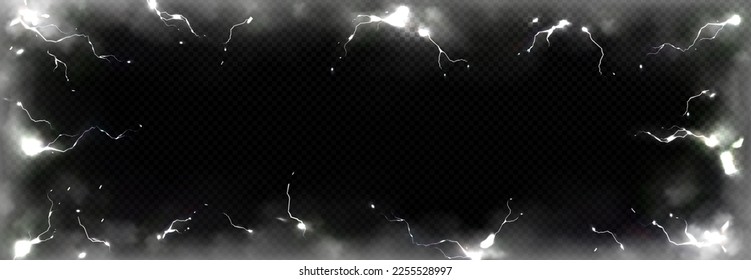 Thunder storm effect with lightnings, smoke and sparks. Abstract background of electricity shock, energy flash, thunderbolt and fog clouds, vector realistic illustration