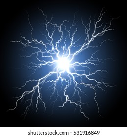 Thunder storm flash light on black background. Vector realistic electricity lightnings. Illustration of nerve connection