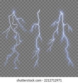 Thunder storm lightning. Blue, white sparkle explosion. Light effect and lighting. Natural strength, abstract electricity. Sparks and stars. Realistic stormy clouds. Set of electrical zippers. Vector