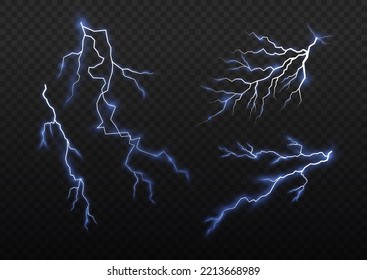 Thunder storm lightning. Blue, white sparkle explosion. Light effect and lighting. Natural strength, abstract electricity. Sparks and stars. Realistic stormy clouds. Set of electrical zippers. Vector