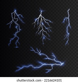 Thunder storm lightning. Blue, white sparkle explosion. Light effect and lighting. Natural strength, abstract electricity. Sparks and stars. Realistic stormy clouds. Set of electrical zippers. Vector