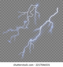 Un rayo de tormenta. Explosión brillante azul y blanca. El efecto luminoso y la iluminación. Fuerza natural, electricidad abstracta. Parques y estrellas. Nubes de tormenta realistas. Juego de cremalleras eléctricas. Vector