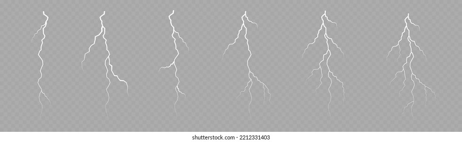 Thunder storm lightning. Glow white sparkle explosion. Light effect and lighting. Natural strength, abstract electricity. Sparks and stars. Realistic stormy clouds. Set of electrical zippers. Vector