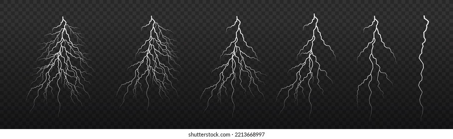 Un rayo de tormenta. Explosión brillante de brillo blanco. El efecto luminoso y la iluminación. Fuerza natural, electricidad abstracta. Parques y estrellas. Nubes de tormenta realistas. Juego de cremalleras eléctricas. Vector