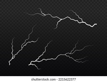 Thunder storm lightning. Glow white sparkle explosion. Light effect and lighting. Natural strength, abstract electricity. Sparks and stars. Realistic stormy clouds. Set of electrical zippers. Vector