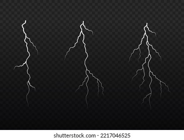 Thunder storm lightning. Glow white sparkle explosion. Light effect and lighting. Natural strength, abstract electricity. Sparks and stars. Realistic stormy clouds. Set of electrical zippers. Vector