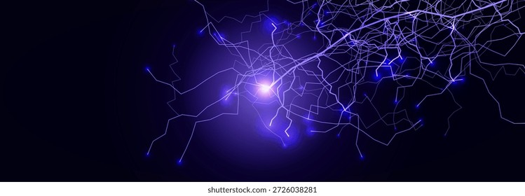 Fondo de línea de energía de efecto de neón de poder de relámpago de tormenta de trueno. Recargo azul negro de Spark Flash. Brillo púrpura del perno de choque realista brillante. Tormenta de rayos Thunderbolt. Ilustración vectorial