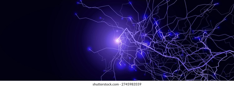 Thunder Storm Lightning Power Neon Effect Energy Line Background. Spark Flash Black Blue Charge. Realistic Shock Bolt Purple Glow Bright. Lightening Strike Storm Thunderbolt. Vector illustration