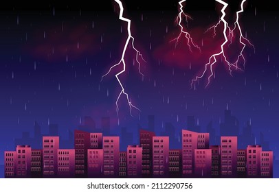 Thunder Storm Lightning Rainy Night City Building Skyline Cityscape Illustration