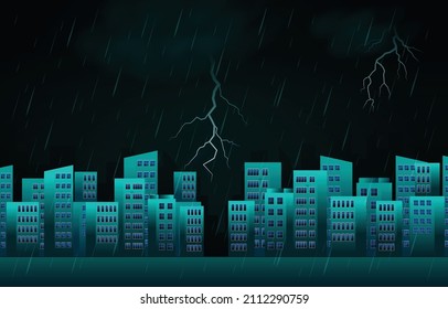 Thunder Storm Lightning Rainy Night City Building Skyline Cityscape Illustration