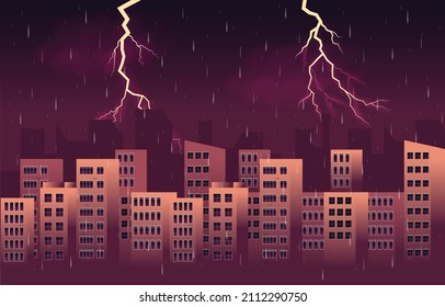 Thunder Storm Lightning Rainy Weather City Building Skyline Cityscape Illustration