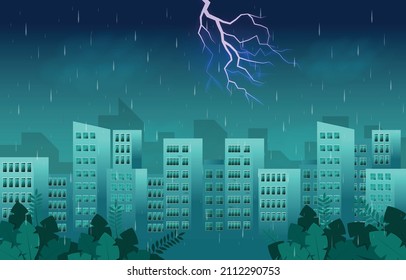 Thunder Storm Lightning Rainy Weather City Building Skyline Cityscape Illustration