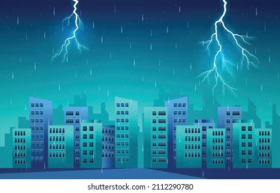 Thunder Storm Lightning Rainy Weather City Building Skyline Cityscape Illustration