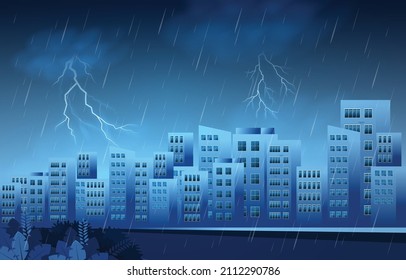 Thunder Storm Lightning Ciudad del Clima Lluvioso Construcción de un paisaje urbano en el horizonte Ilustración