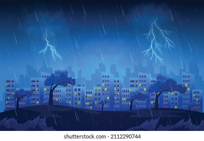 Thunder Storm Lightning Strike Heavy Rain City Building Skyline Cityscape Illustration