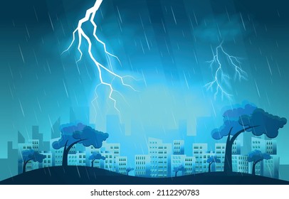 Thunder Storm Lightning Strike Heavy Rain City Building Skyline Cityscape Illustration