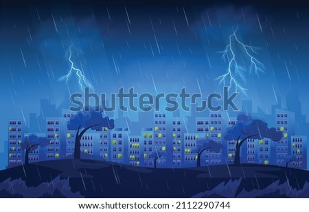 Thunder Storm Lightning Strike Heavy Rain City Building Skyline Cityscape Illustration