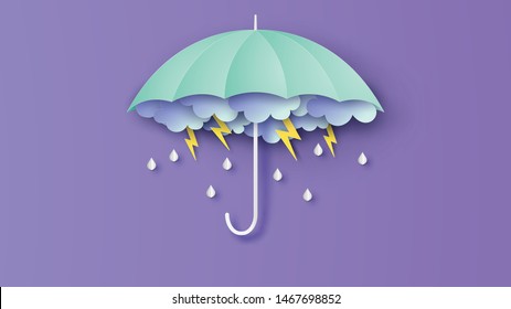 Thunder storm on dark cloudy and raindrop design inside umbrella for rainy season. paper cut and craft style. vector, illustration.