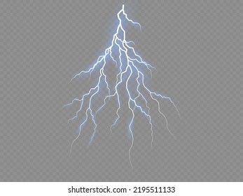 Una tormenta de truenos relámpago realista. Provoca electricidad y estrellas. Símbolo de fuerza natural o magia, abstracto, electricidad y explosión. El efecto luminoso y la iluminación. Explosión brillante azul brillante. Vector