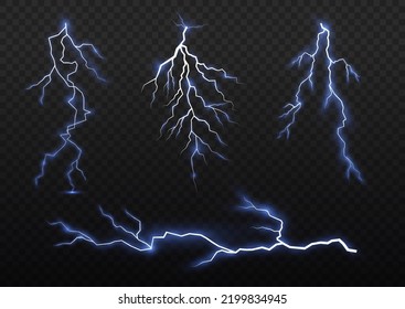 Una tormenta de truenos relámpago realista. Provoca electricidad y estrellas. Símbolo de fuerza natural o magia, abstracto, electricidad y explosión. El efecto luminoso y la iluminación. Explosión brillante azul brillante. Vector