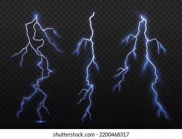 Una tormenta de truenos relámpago realista. Provoca electricidad y estrellas. El efecto luminoso y la iluminación. Explosión brillante azul brillante. Símbolo de fuerza natural o magia, abstracto, electricidad y explosión. Vector