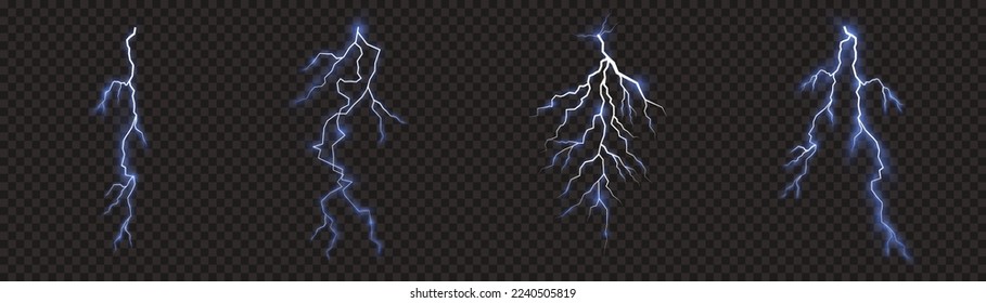 Thunder storm realistic lightning. Sparks electrical and stars. Symbol of natural strength or magic, abstract, electricity and explosion. Light effect and lighting. Glow blue sparkle explosion. Vector